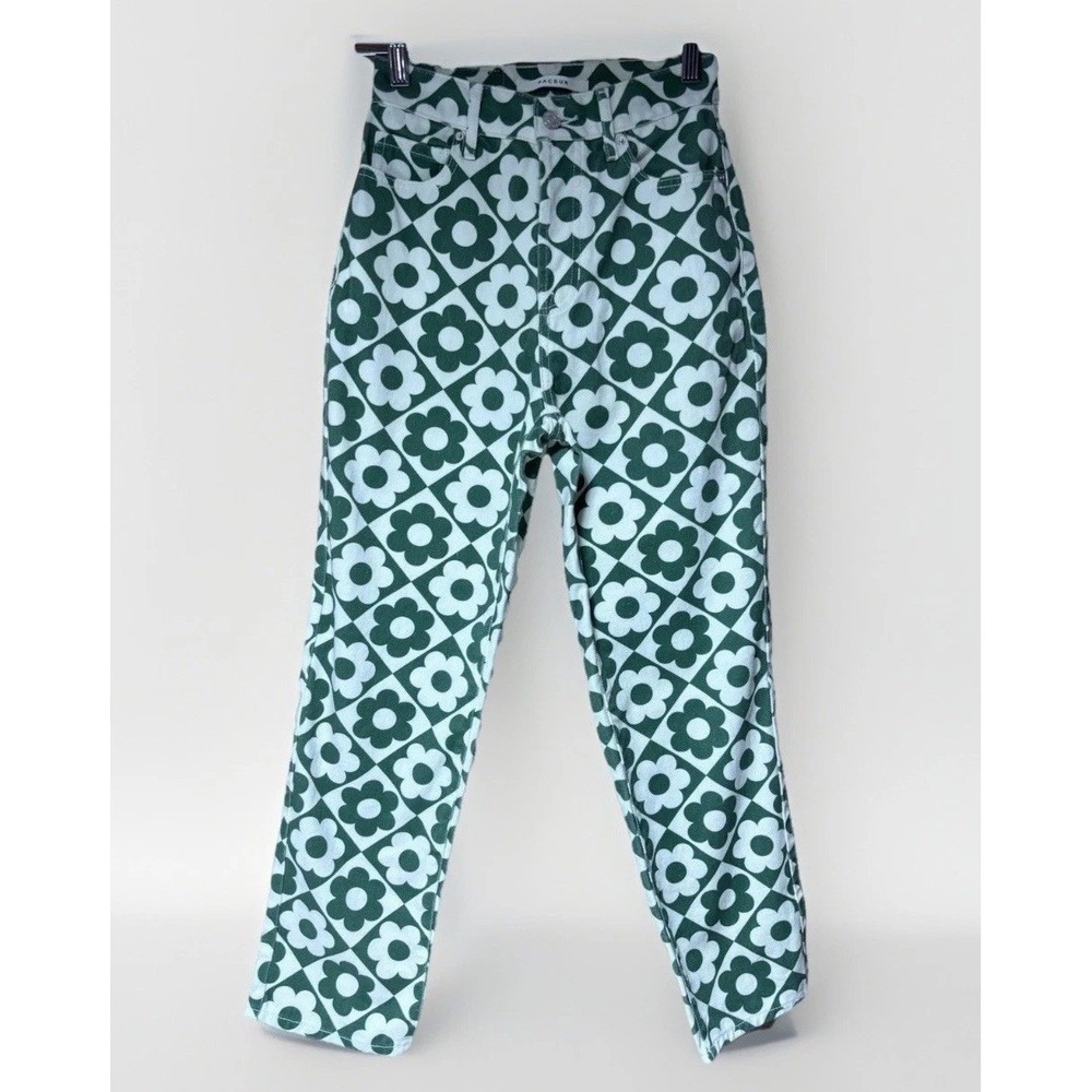PacSun High Rise Straight Jeans Womens 24‎ Green Floral Checkerboard Button Fly